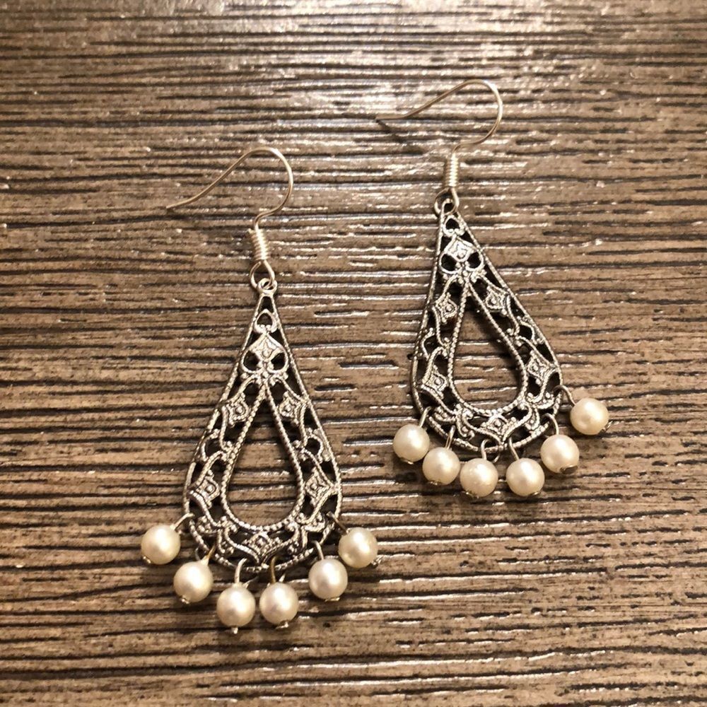 Tear Drop Filigree Earrings with Faux Pearl Beads